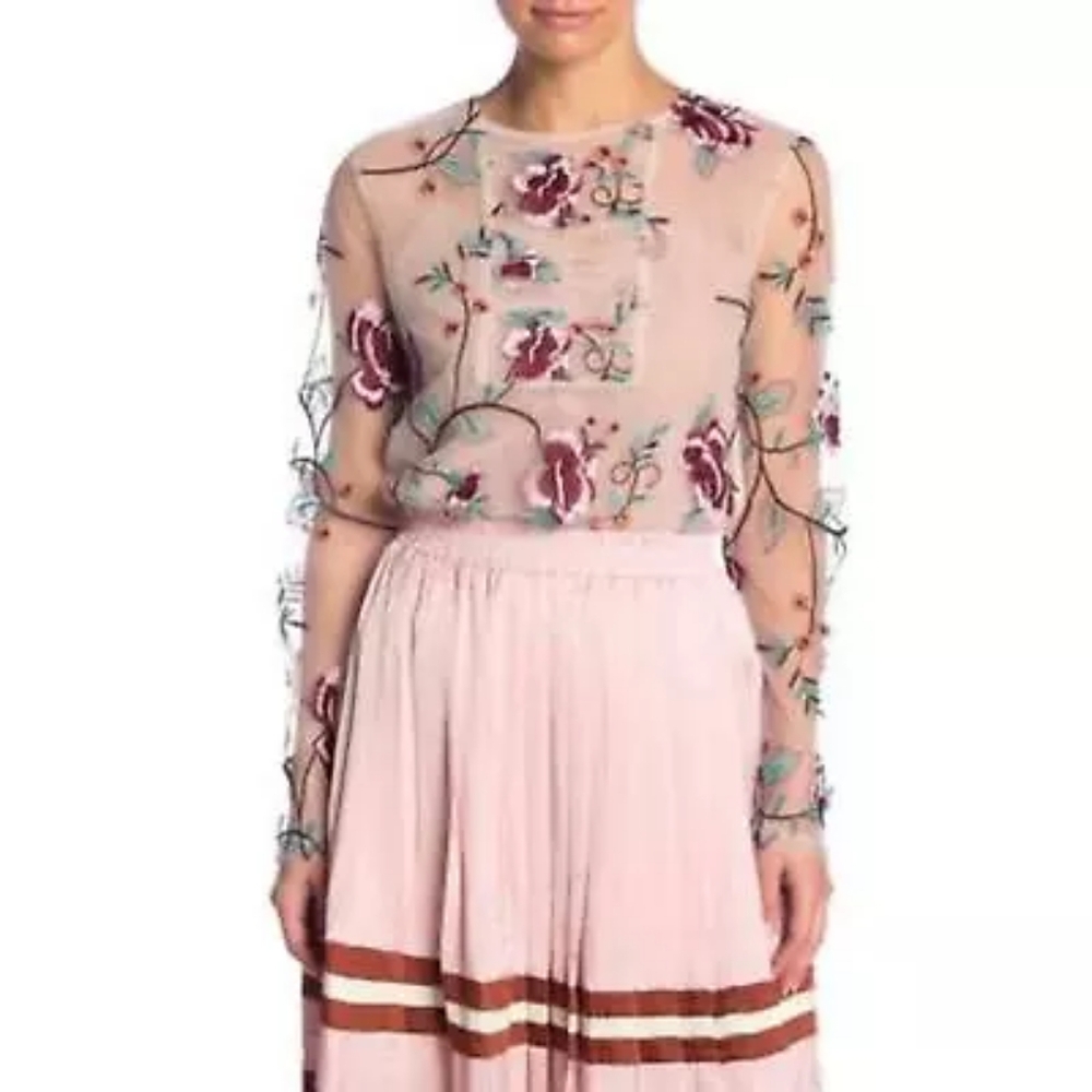 SALE! Endless Rose Long Sleeve Round Neck Embroidered Floral Mesh -NWT
